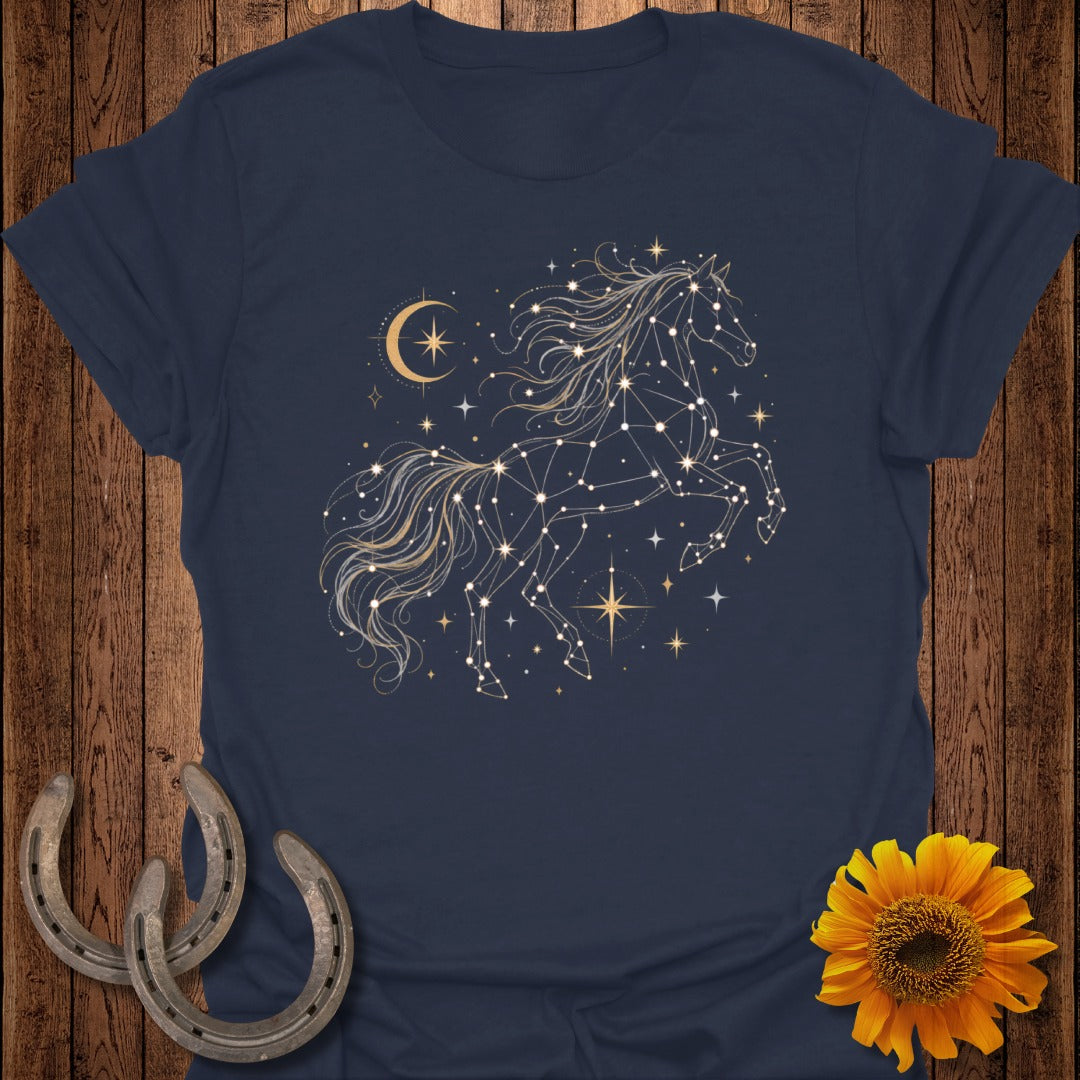 Navy t-shirt with a golden constellation horse, moon, and stars graphic.