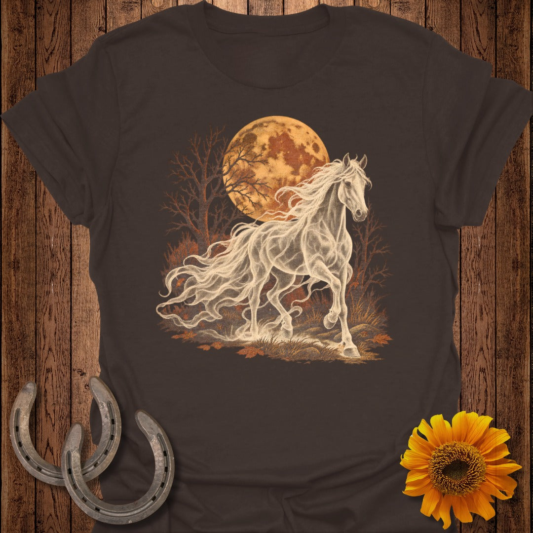 Ghostly white horse runs in front of a full moon and bare trees.