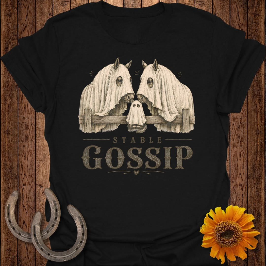 Black t-shirt with horses in ghost costumes and text "STABLE GOSSIP".