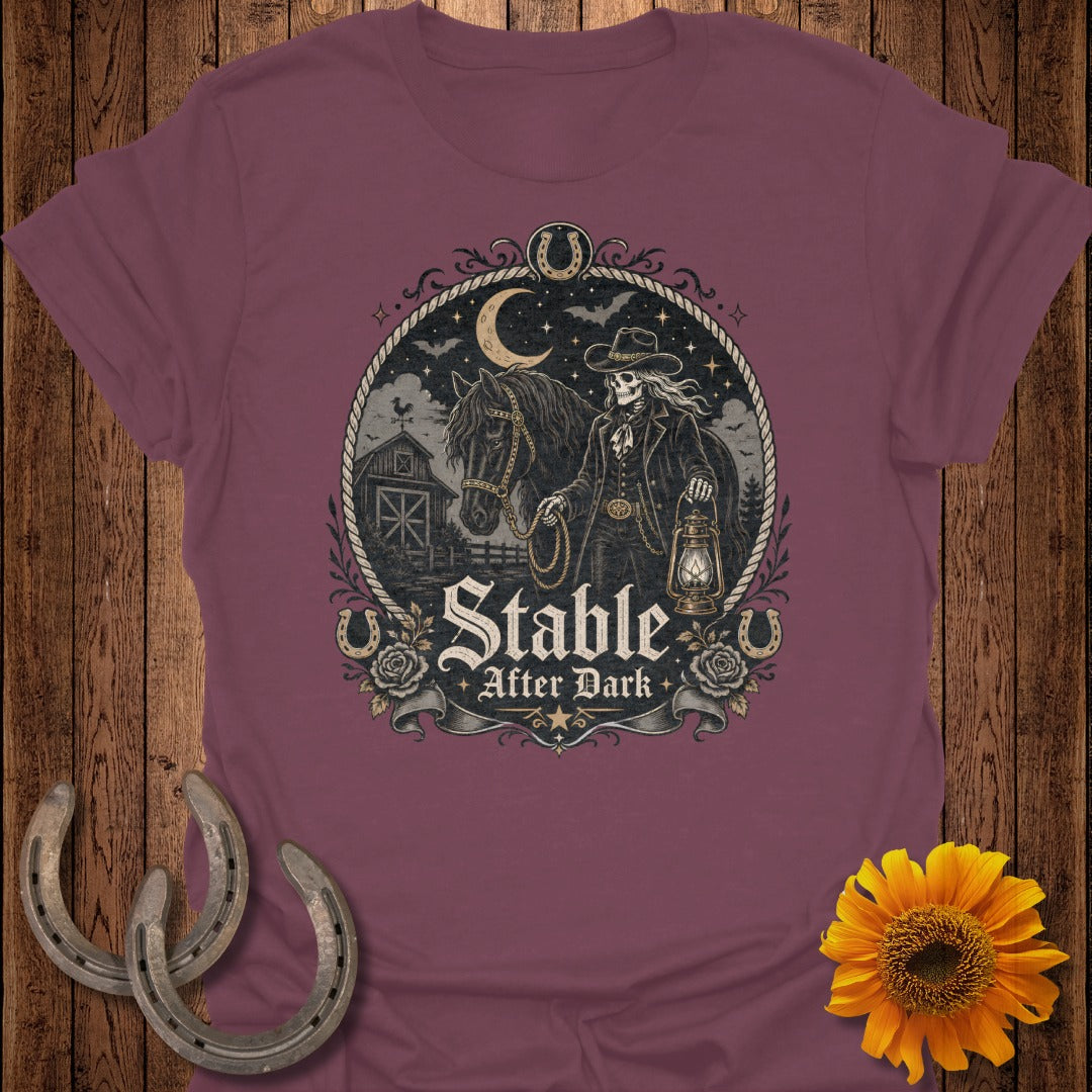 Skeleton cowboy with horse and lantern, "Stable After Dark" text on shirt.