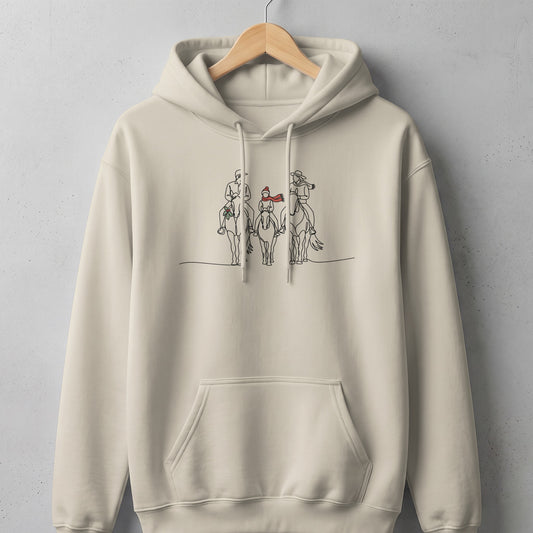 Light beige hoodie with a minimalist line art of three people on horseback.