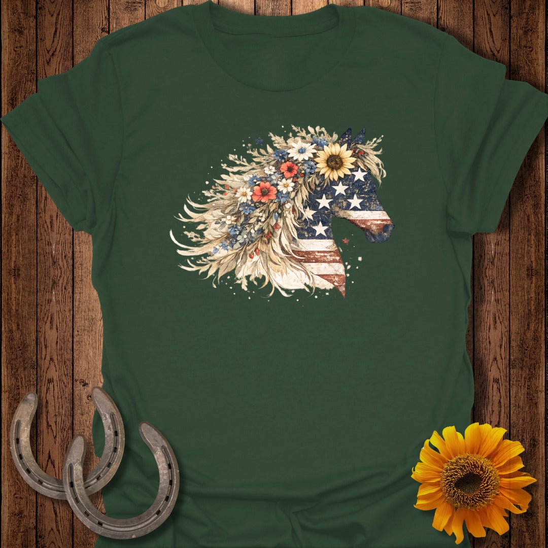 Green t-shirt with an American flag horse head design, featuring sunflowers and wheat.