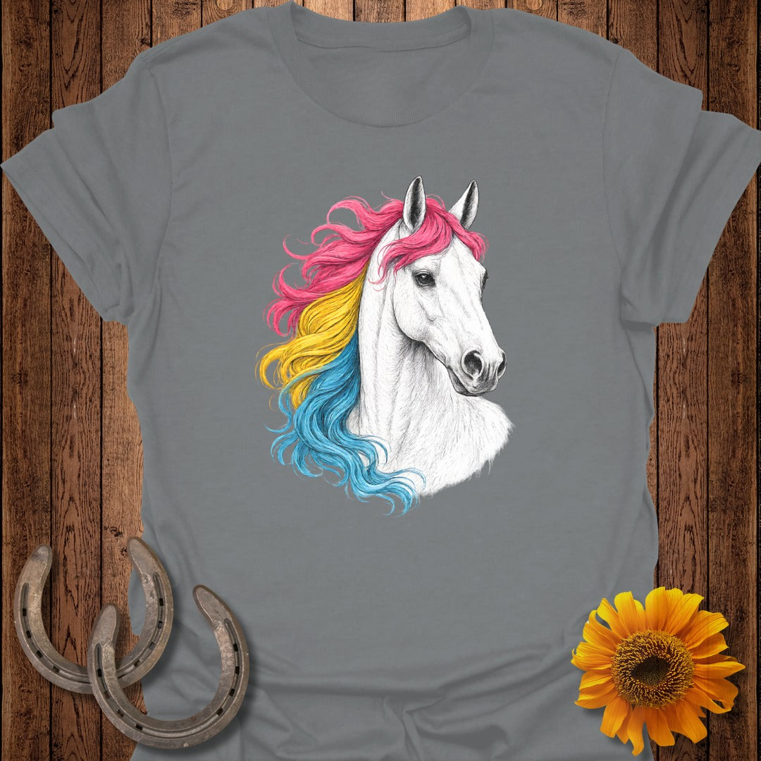 White horse with rainbow mane, front view.