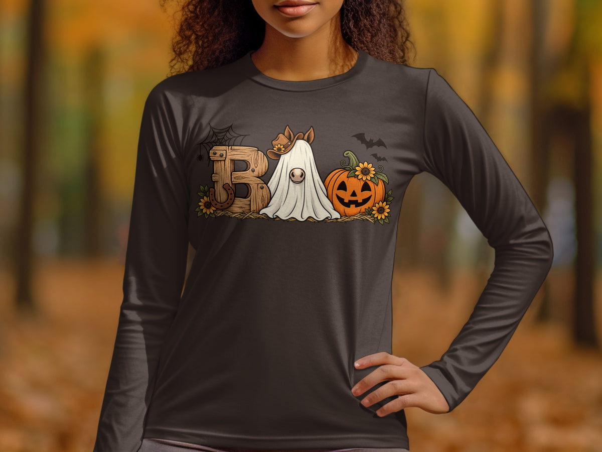 Long sleeve shirt with Halloween graphic featuring "BA" text, horse ghost, and pumpkin.
