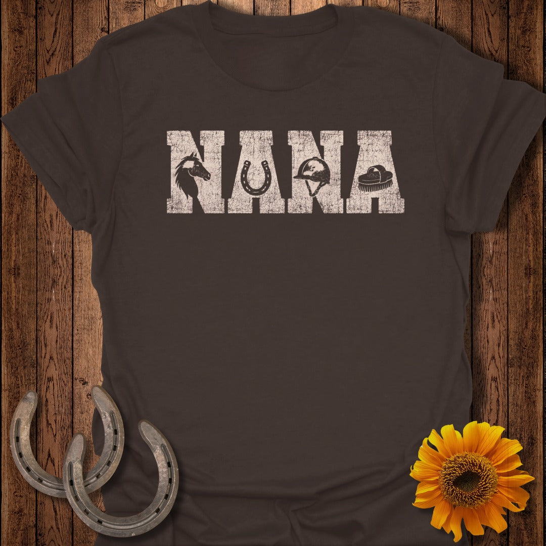 Brown t-shirt with "NANA" in distressed white text and horse shoe and brush graphics.