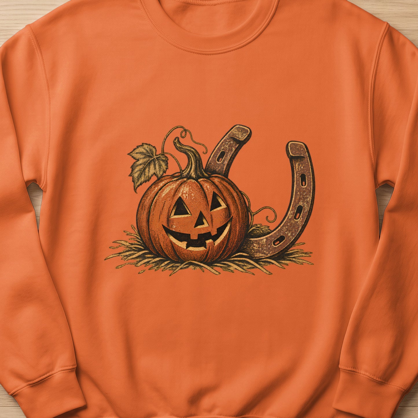 Orange sweatshirt with a jack-o'-lantern and two horseshoes.