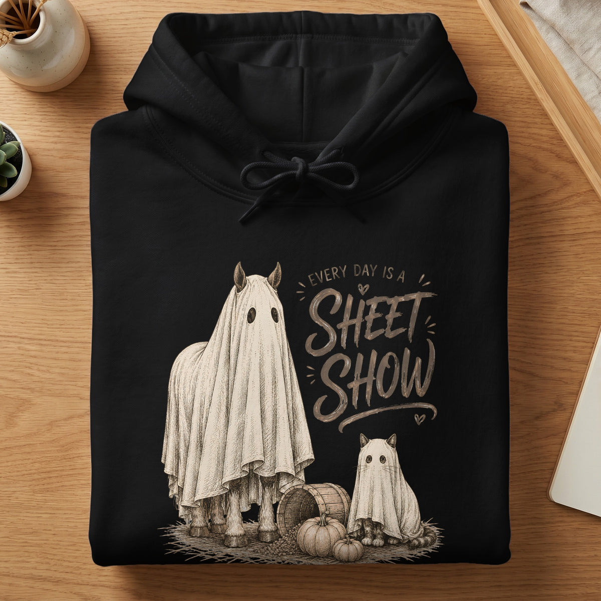 Black hoodie with ghost horse and cat graphic and text "Every Day Is A Sheet Show".