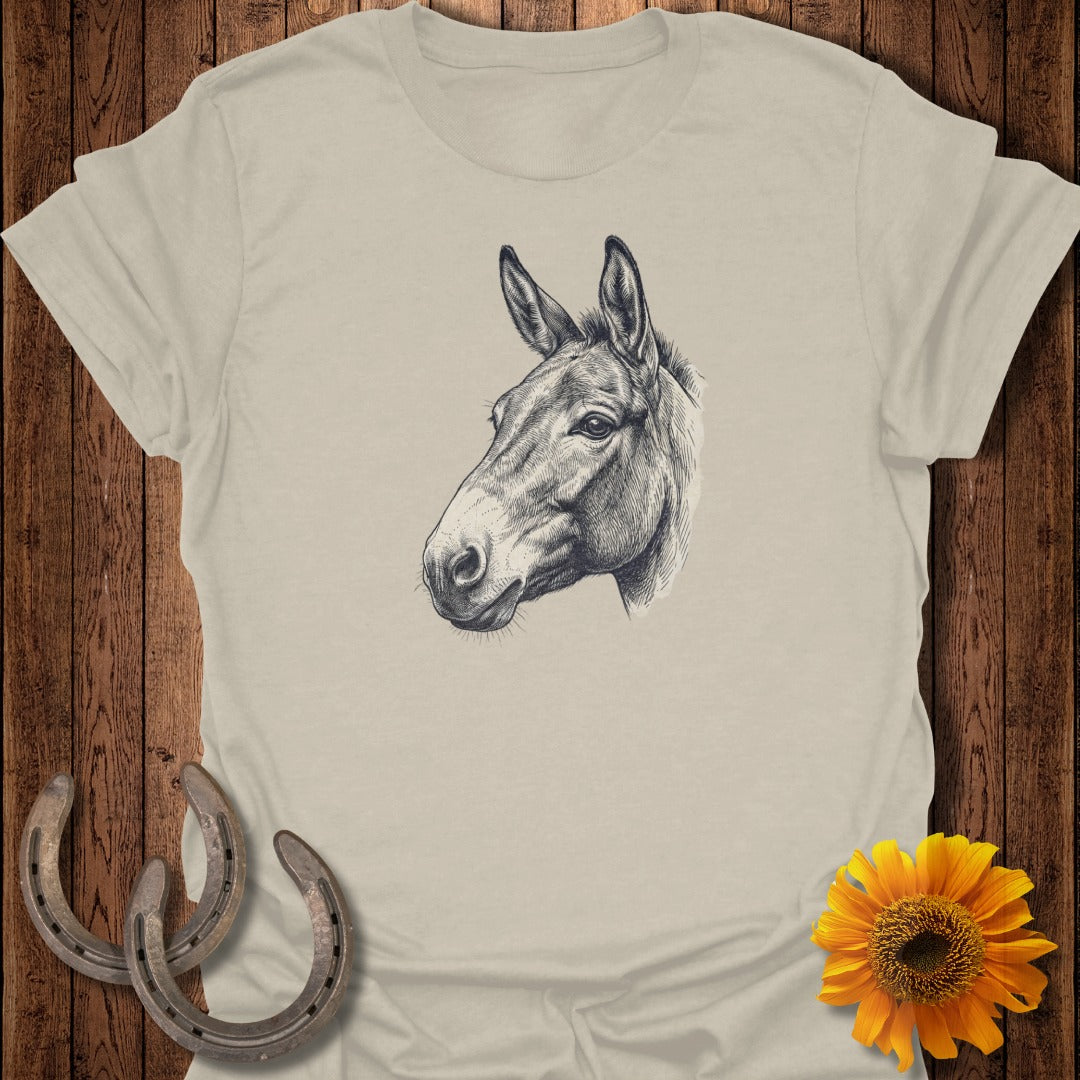 T-shirt featuring a sketch of a donkey's head and two horseshoes.