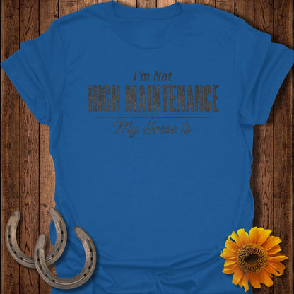 Blue t-shirt with "I'm Not HIGH MAINTENANCE My Horse Is" text, horseshoes, and sunflower.