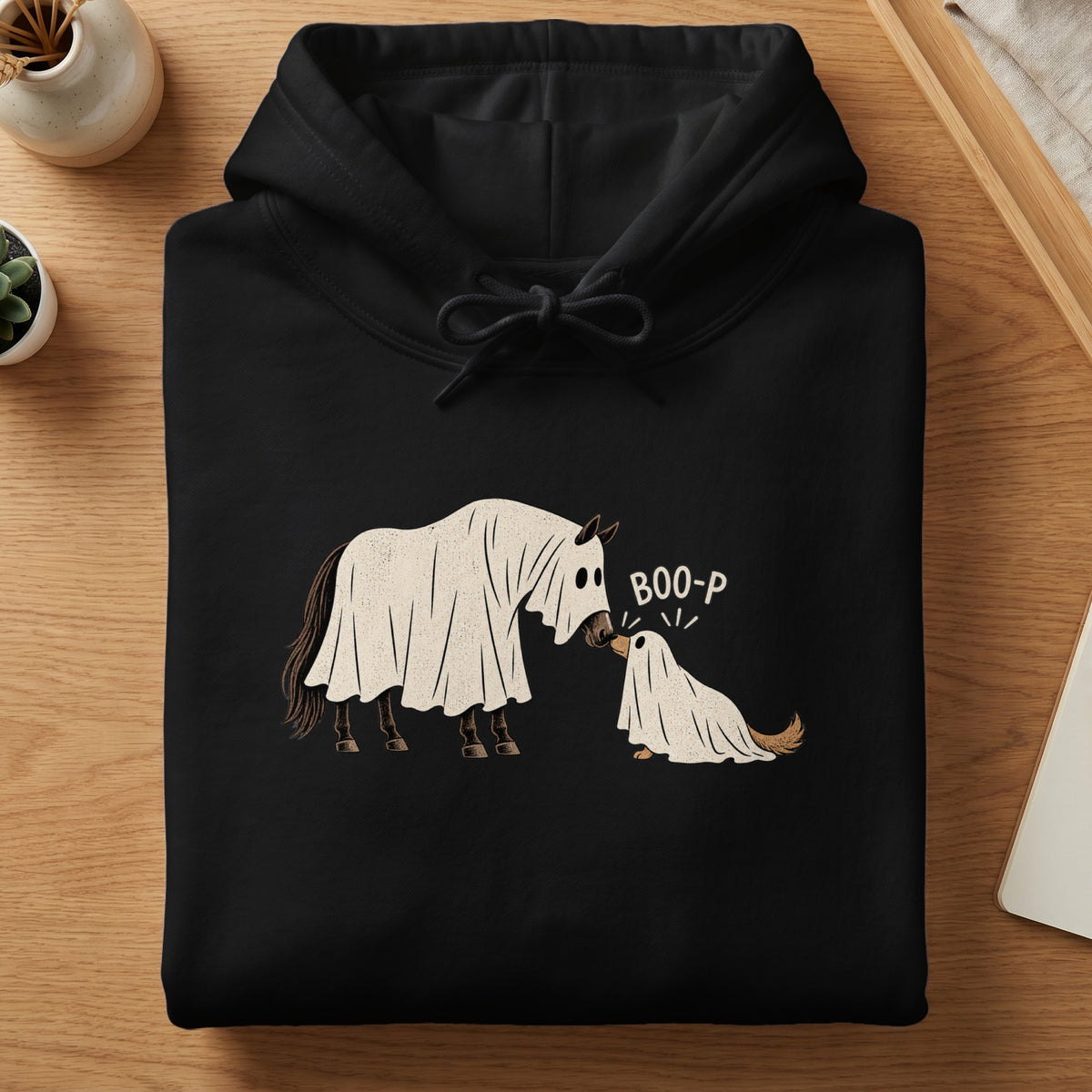 Black hoodie with a horse and dog dressed as ghosts, with "BOO-P" text.