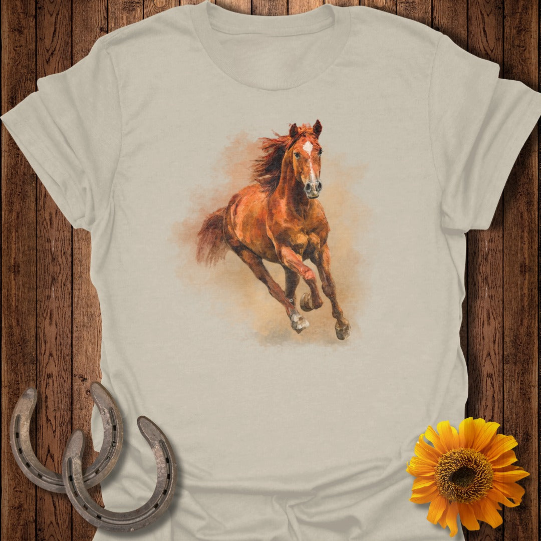 Brown horse galloping with a sunflower and horseshoes.