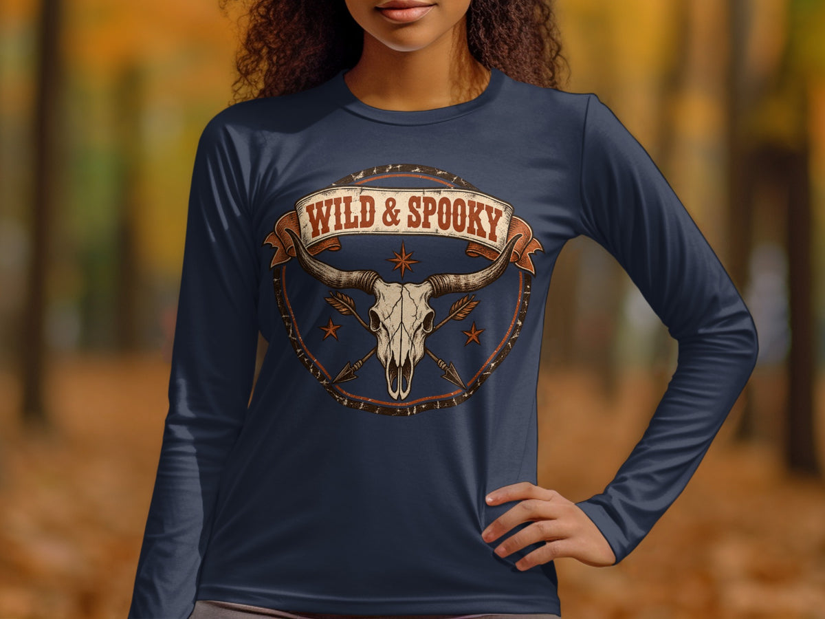 Long sleeve navy shirt with a "Wild & Spooky" bull skull and arrows graphic.