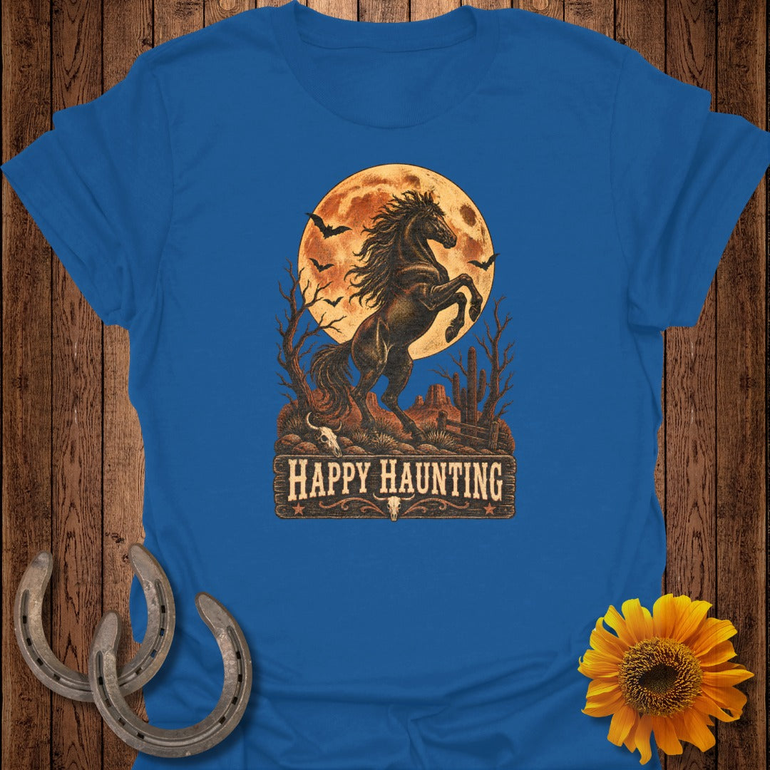 Rearing horse silhouette under full moon with bats, text "Happy Haunting" below.