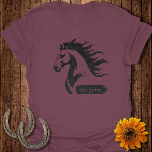 Maroon t-shirt with a black horse silhouette and "fire horse" text.