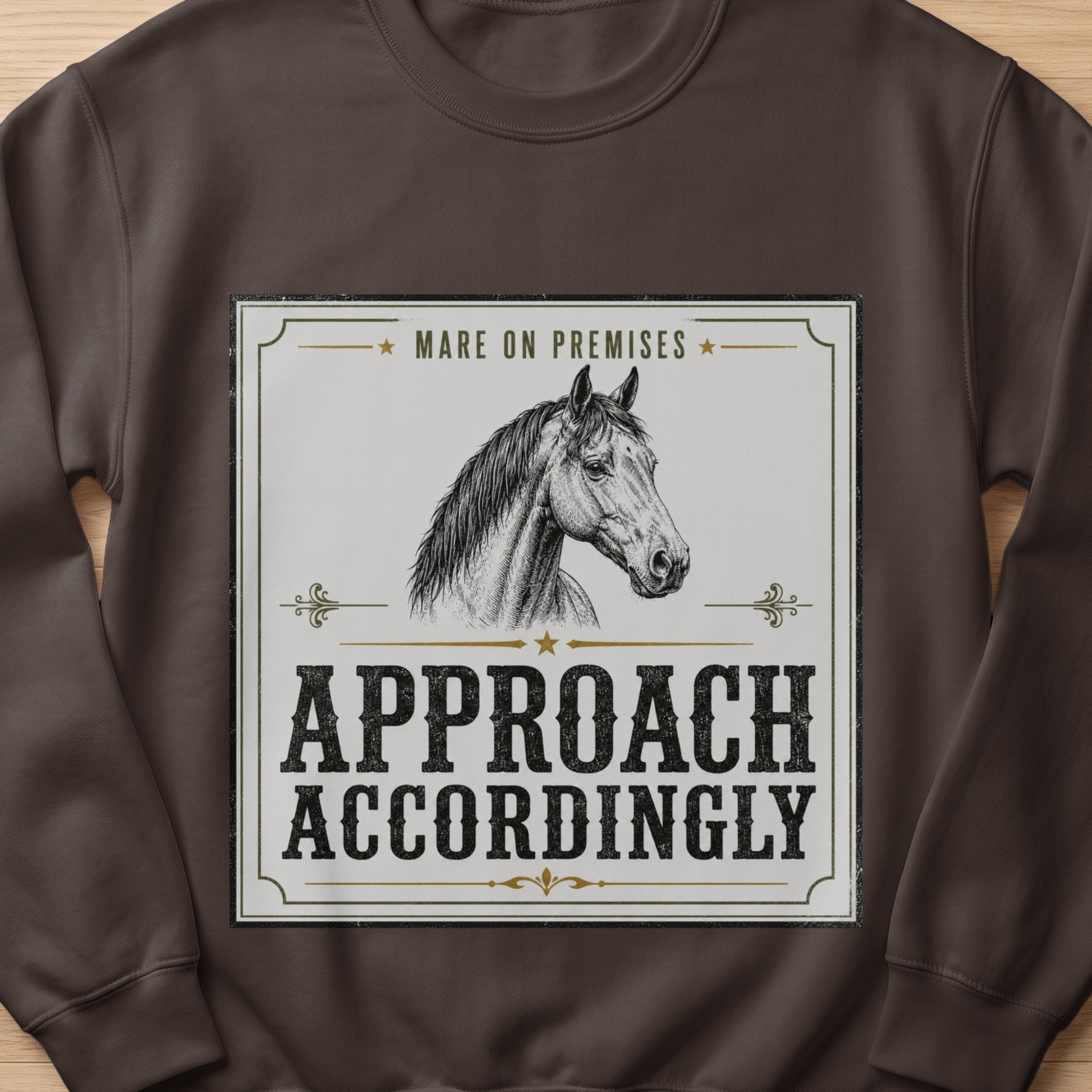 Dark brown sweatshirt with "Mare on Premises Approach Accordingly" text and horse illustration.