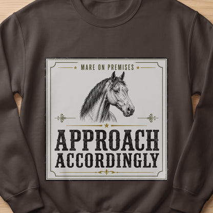 Dark brown sweatshirt with "Mare on Premises Approach Accordingly" text and horse illustration.