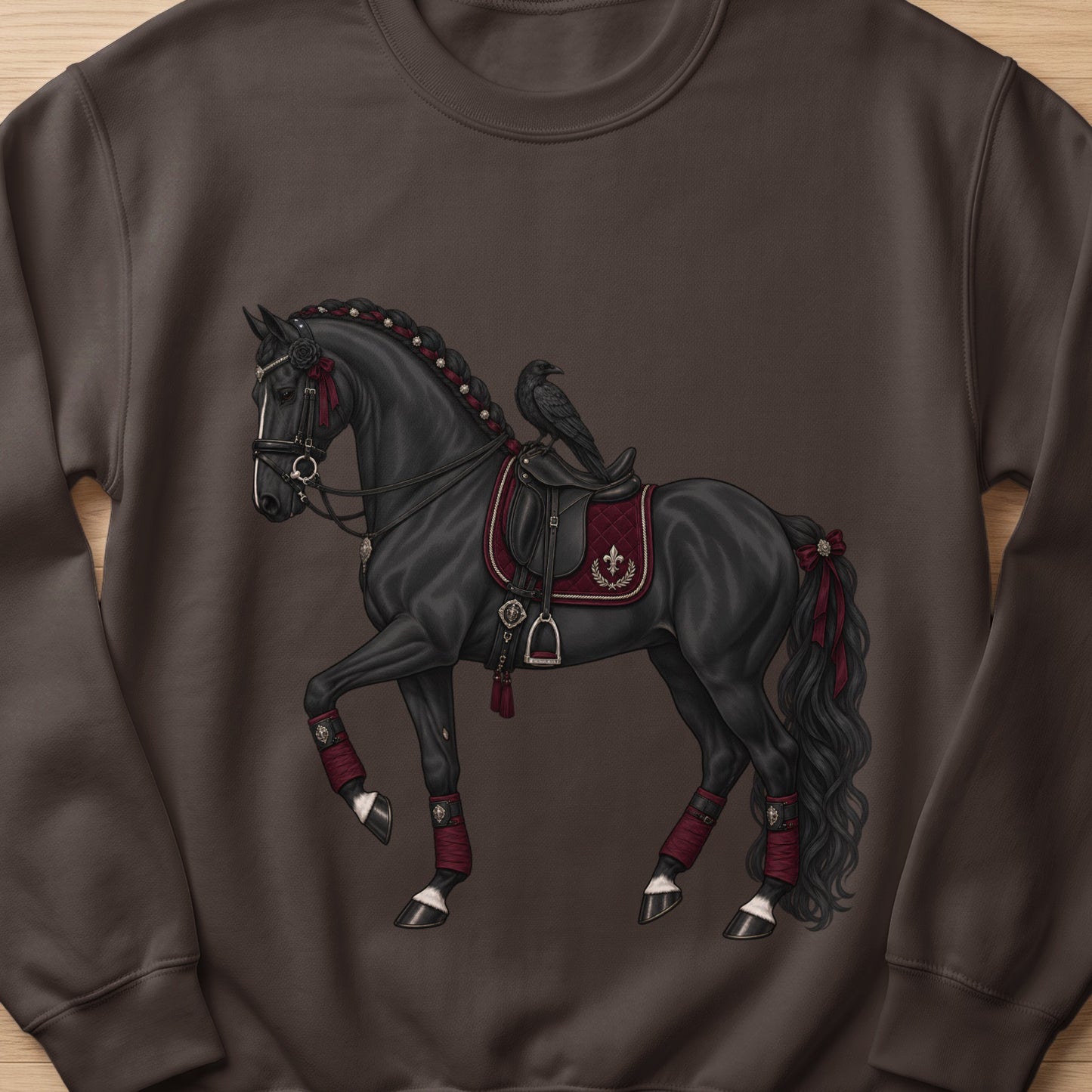 Black horse with braided mane, saddle, and raven on brown sweatshirt.
