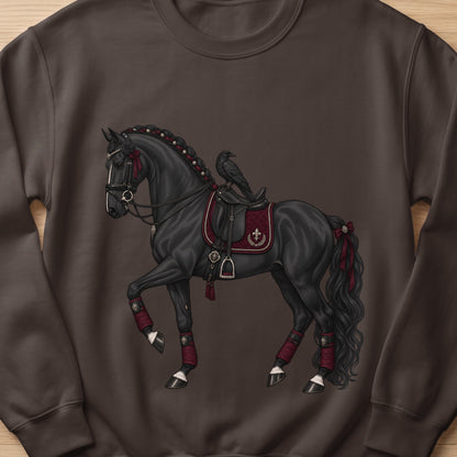 Black horse with braided mane, saddle, and raven on brown sweatshirt.