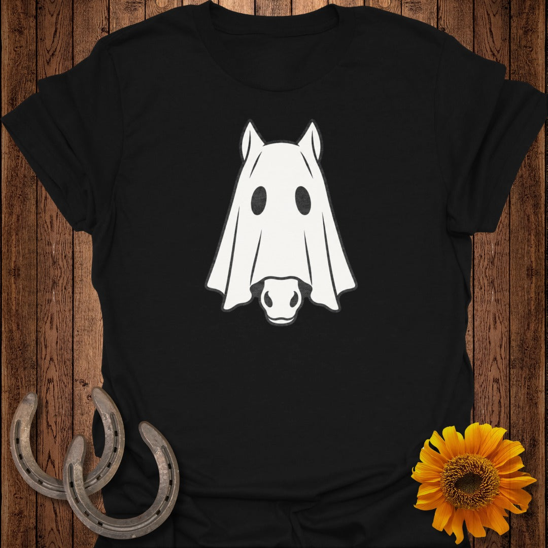 Black t-shirt with a white ghost-horse graphic and horseshoes and sunflower.