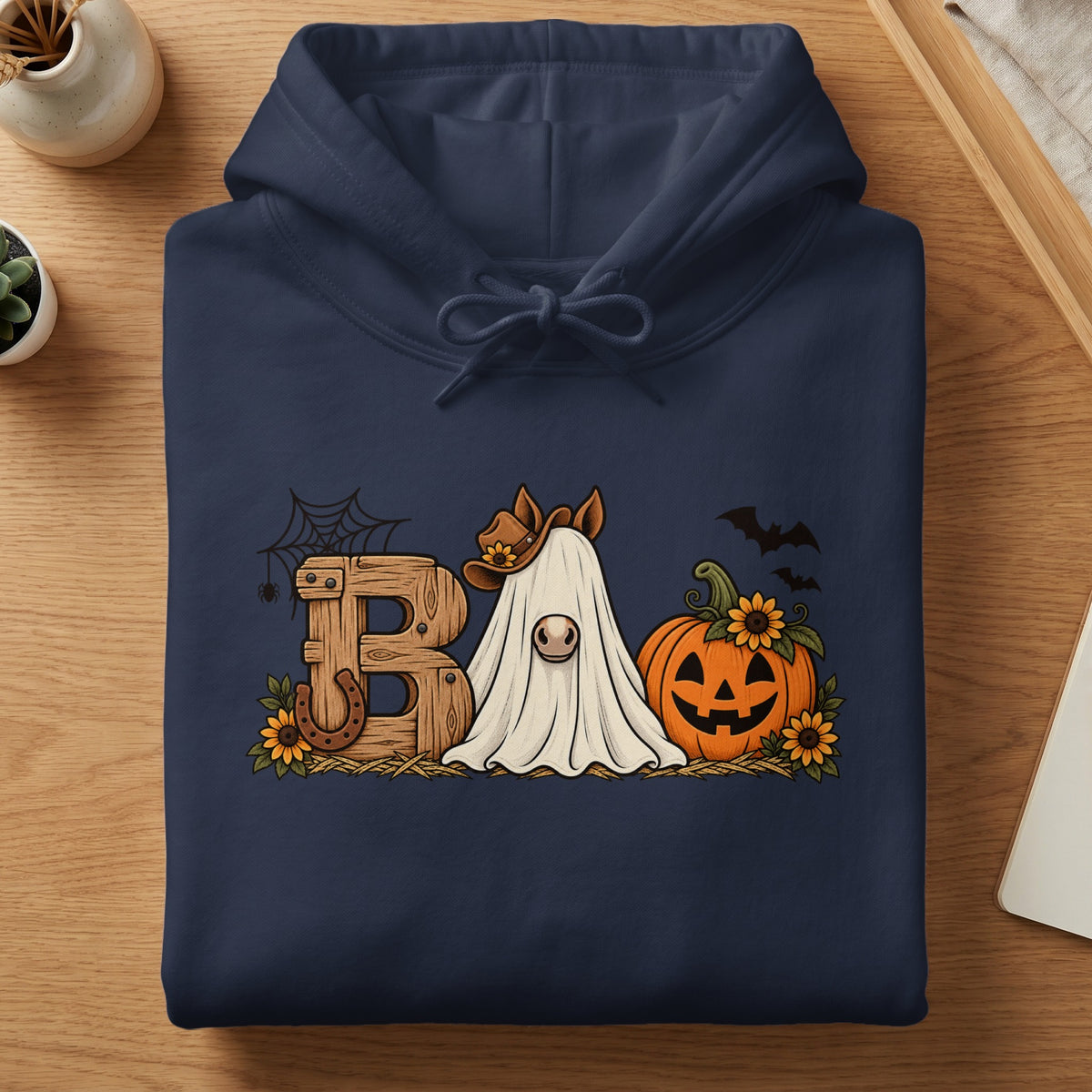 Horse wearing ghost costume and cowboy hat with "BA" letters, pumpkin and bats.