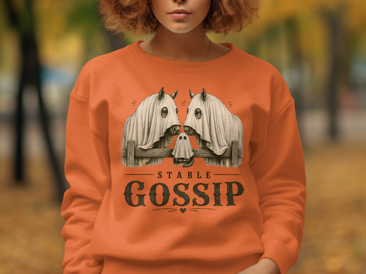 Two horses in ghost costumes with a smaller ghost between them, "Stable Gossip" text.