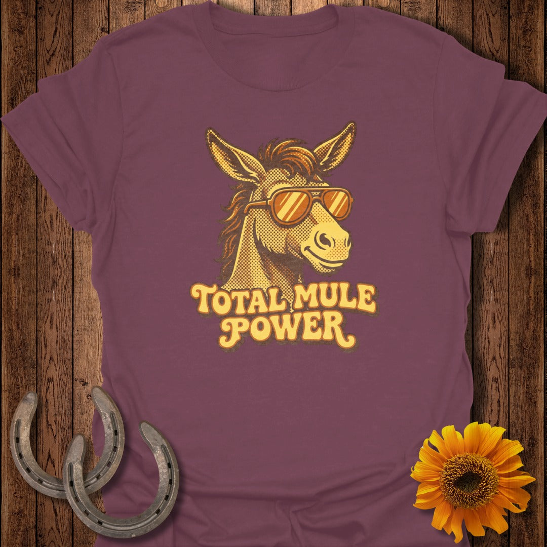 T-shirt with a cartoon mule wearing sunglasses and text "Total Mule Power".