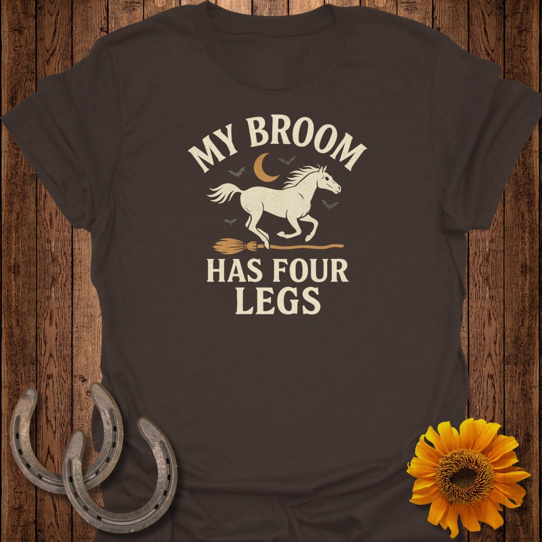 Dark brown t-shirt with horse, broom, moon, bats, and text "MY BROOM HAS FOUR LEGS".