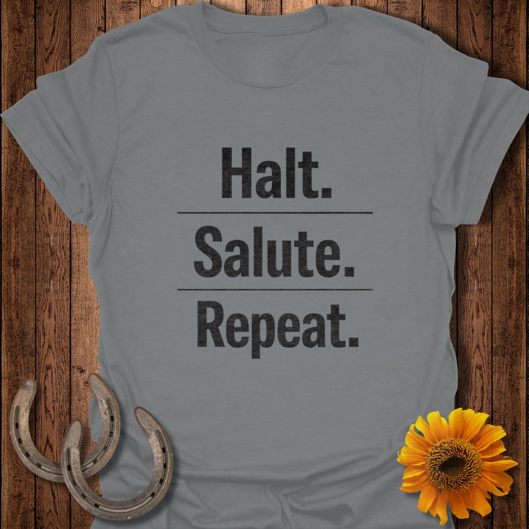 Gray t-shirt with "Halt. Salute. Repeat." text, horseshoes, and sunflower.
