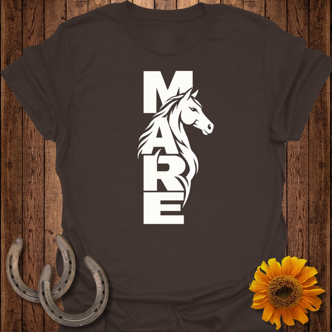 Brown t-shirt with white "MARE" text and horse silhouette graphic.