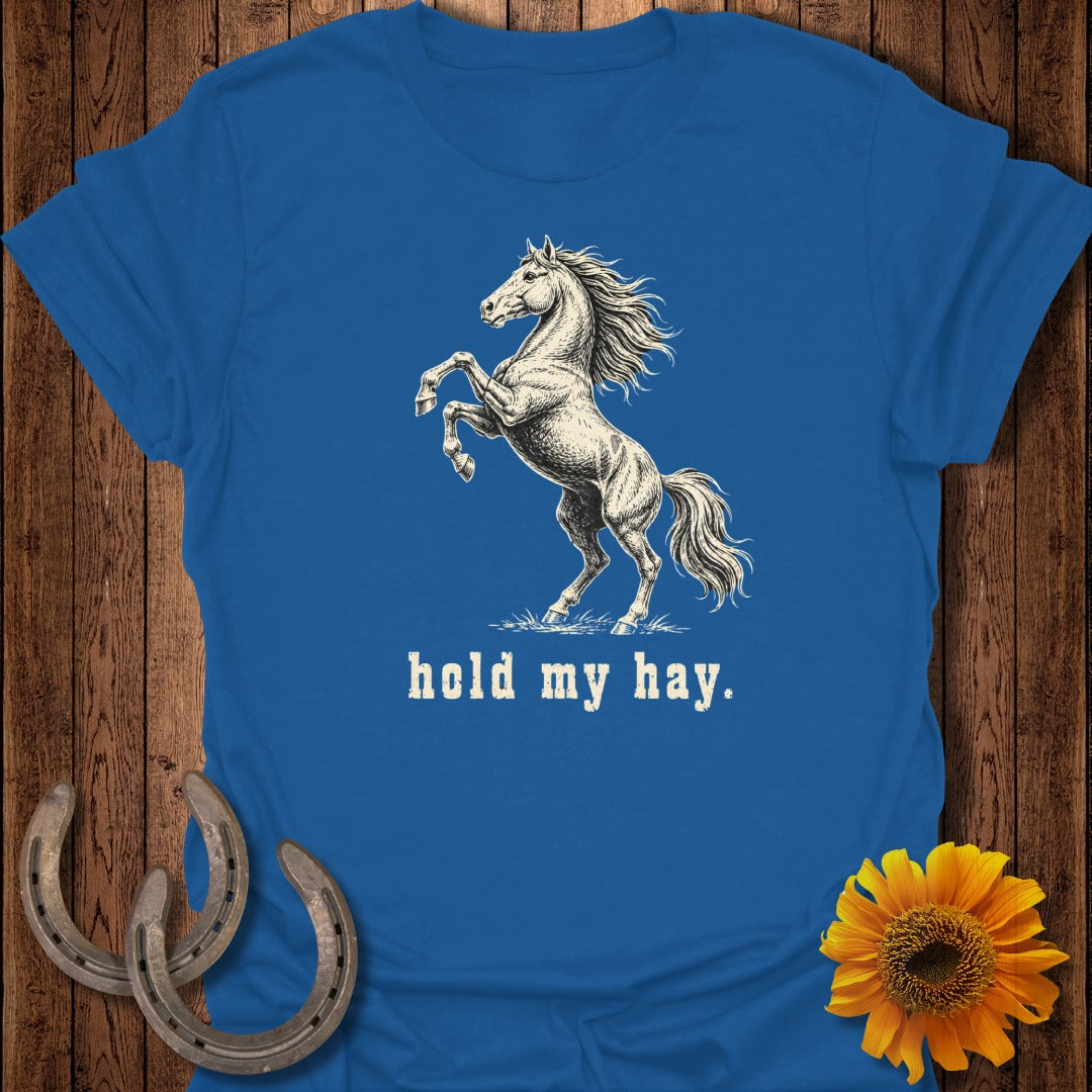 Blue t-shirt with rearing horse graphic and text "hold my hay."