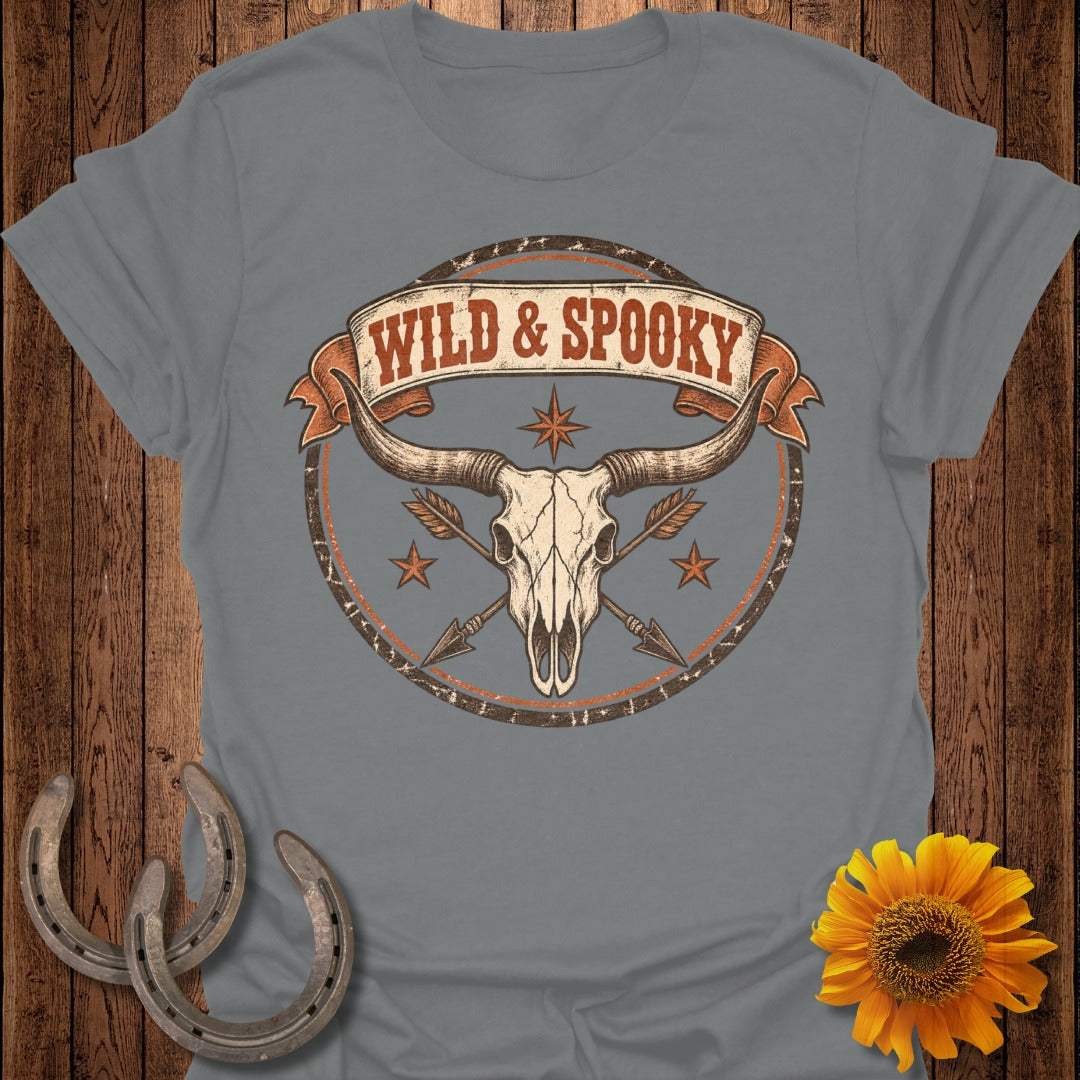 Longhorn skull with crossed arrows, "Wild & Spooky" banner, and stars.