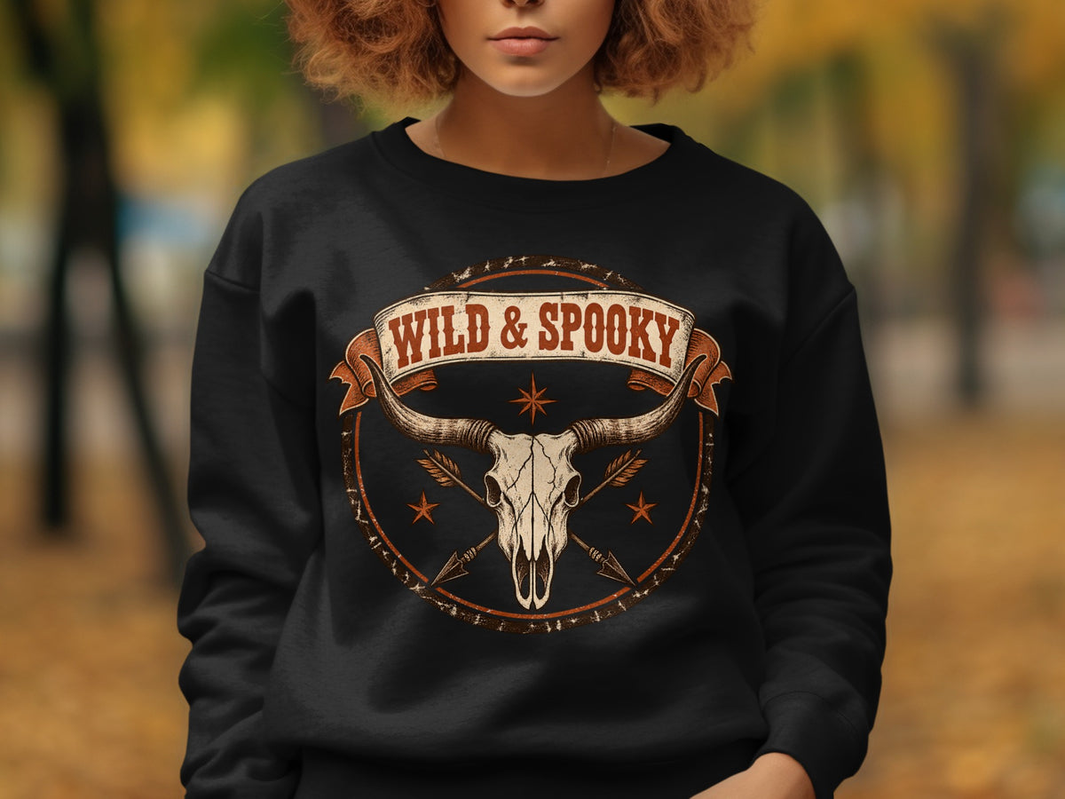 Black sweatshirt with a circular graphic featuring a bull skull, arrows, and "WILD & SPOOKY" text.