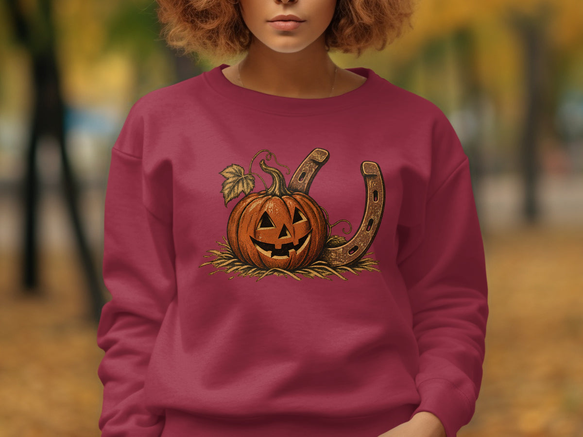 A woman wears a maroon sweatshirt featuring a graphic of a carved pumpkin and a horseshoe.