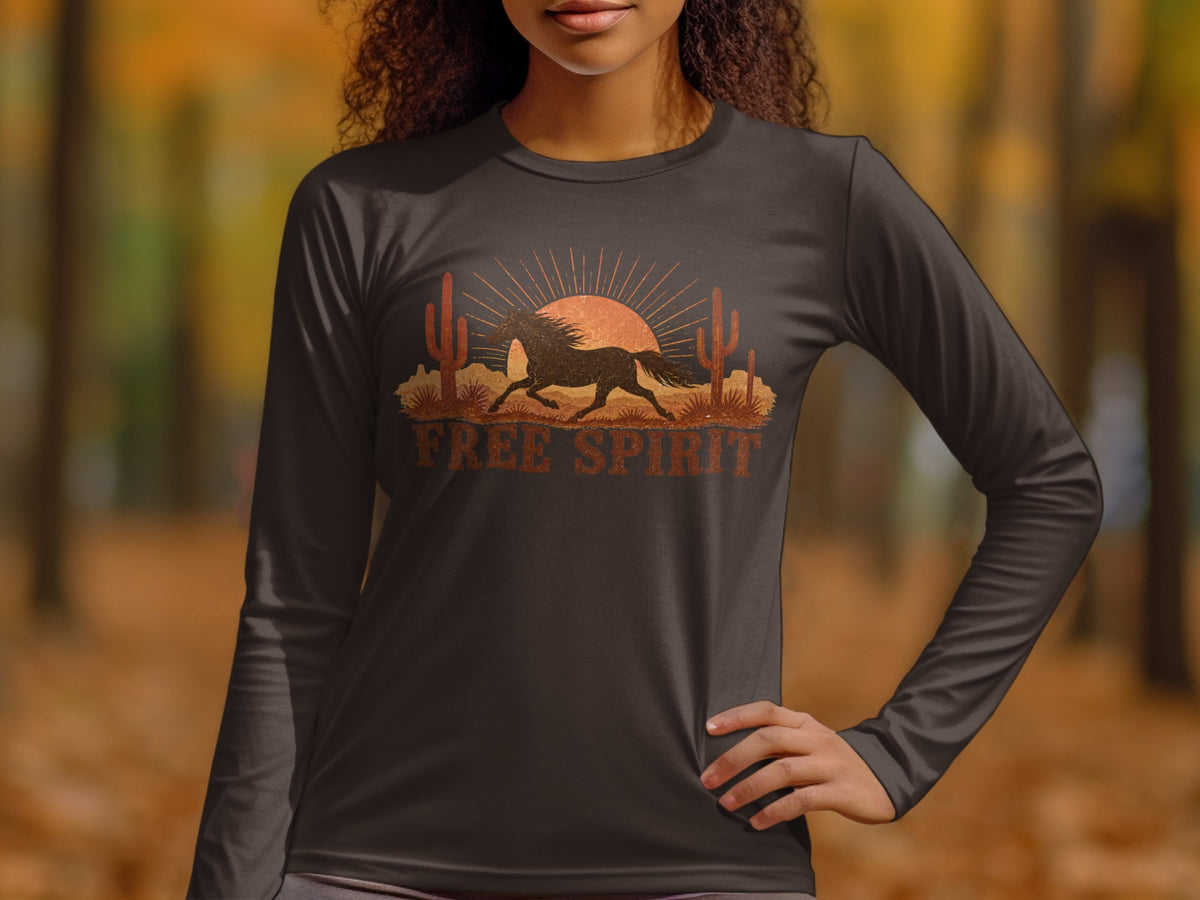 Long sleeve shirt with a running horse, cacti, and sunset design.
