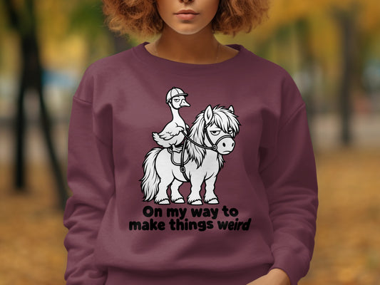 Goose wearing helmet rides angry horse, text "On my way to make things weird".