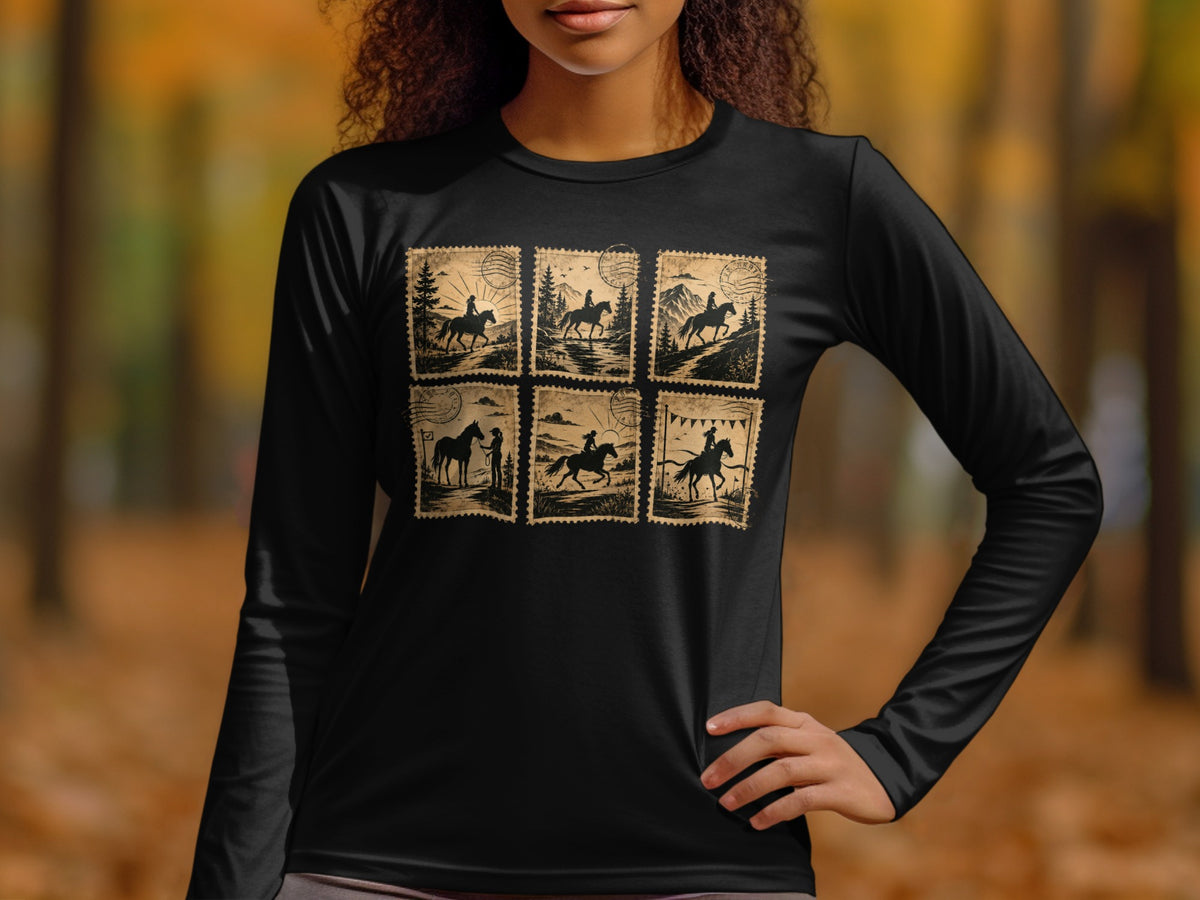 Black long-sleeve t-shirt with six stamp designs featuring horseback riding scenes.