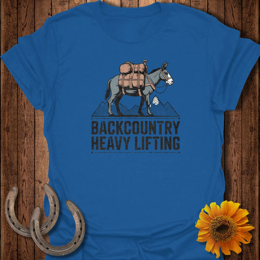 Blue t-shirt with a mule carrying a pack, mountains, and "Backcountry Heavy Lifting" text.