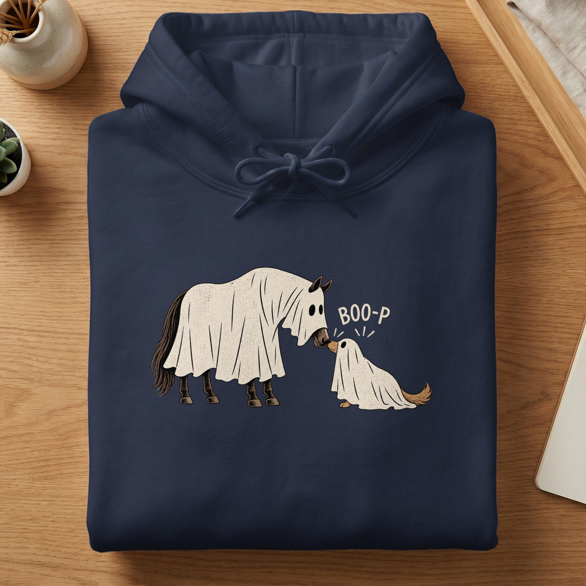 Horse and dog dressed as ghosts with "BOO-P" text on a navy hoodie.