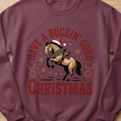 Horse wearing Santa hat and wreath with text "Have A Buckin' Good Christmas."