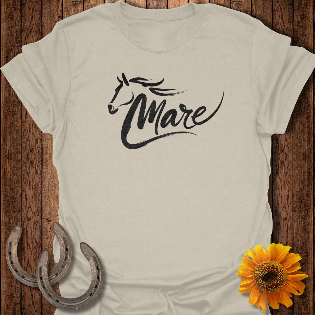 T-shirt with "Mare" text and horse head graphic, with horseshoes and sunflower.