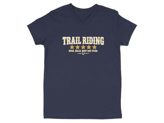 Navy v-neck t-shirt with "TRAIL RIDING" text, five stars, and horseshoe graphic.