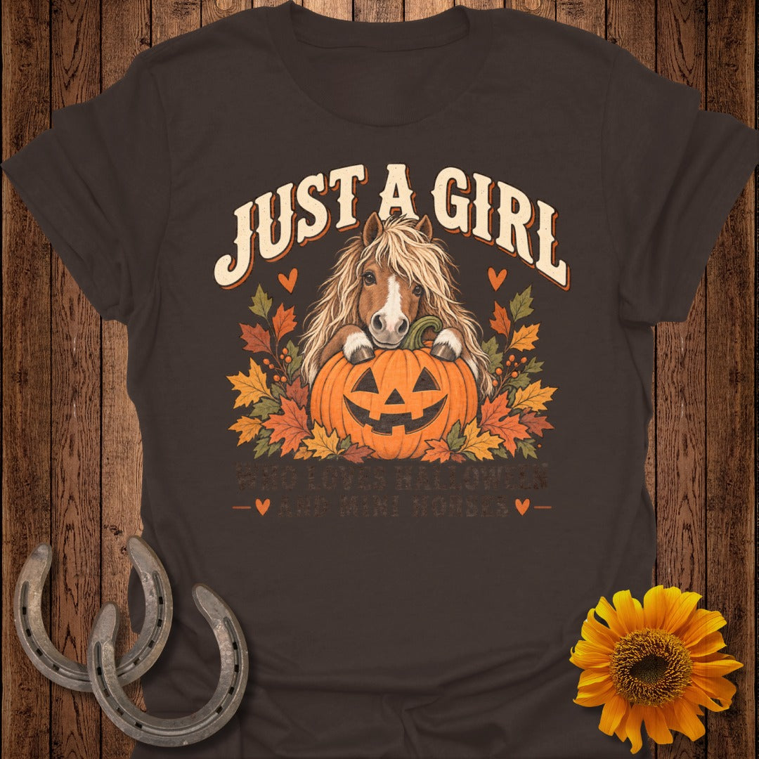 Brown t-shirt with "Just A Girl Who Loves Halloween And Mini Horses" text and pony.