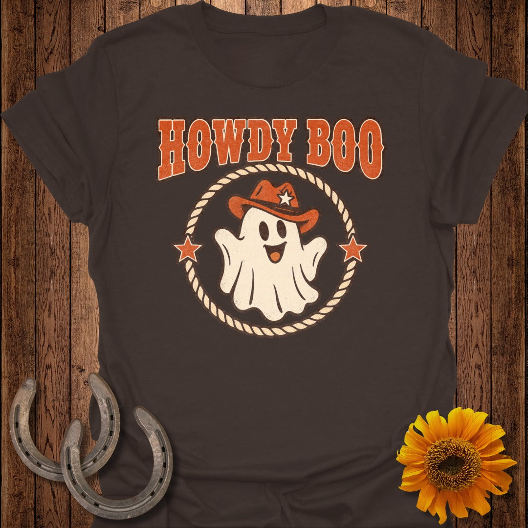 Brown t-shirt with "Howdy Boo" text and a ghost in a cowboy hat graphic.