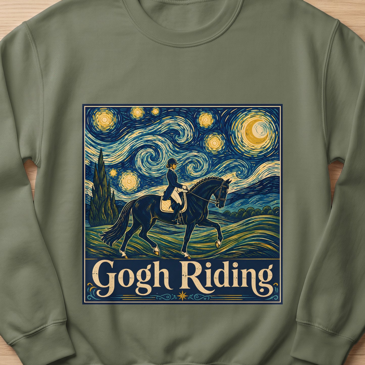 Equestrian rider on horse against Van Gogh starry night sky with "Gogh Riding" text.
