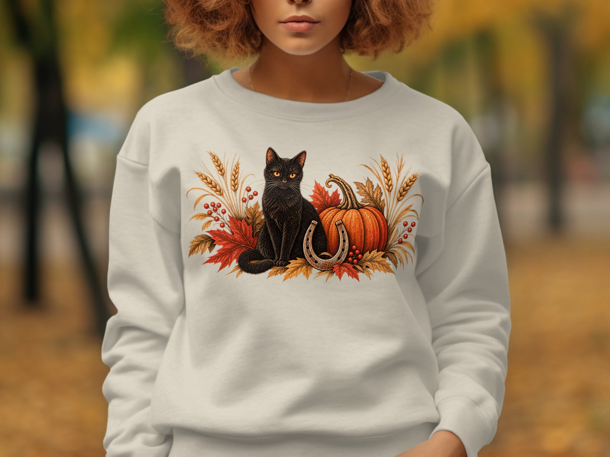 Black cat, pumpkin, horseshoe, and autumn leaves graphic on a white sweatshirt.