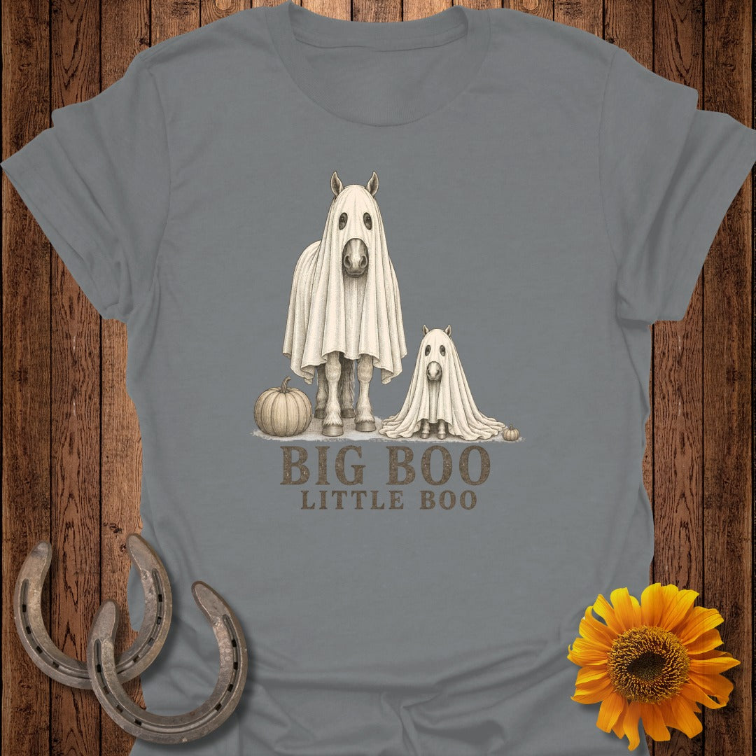 Horse and dog in ghost costumes with pumpkins and text "BIG BOO LITTLE BOO".