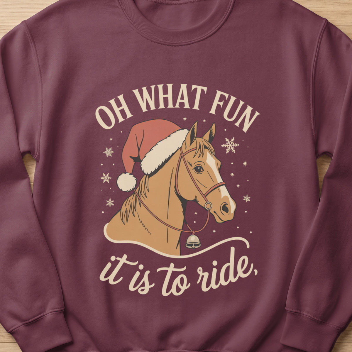 Horse wearing Santa hat with text "OH WHAT FUN it is to ride."