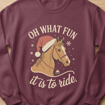Horse wearing Santa hat with text "OH WHAT FUN it is to ride."