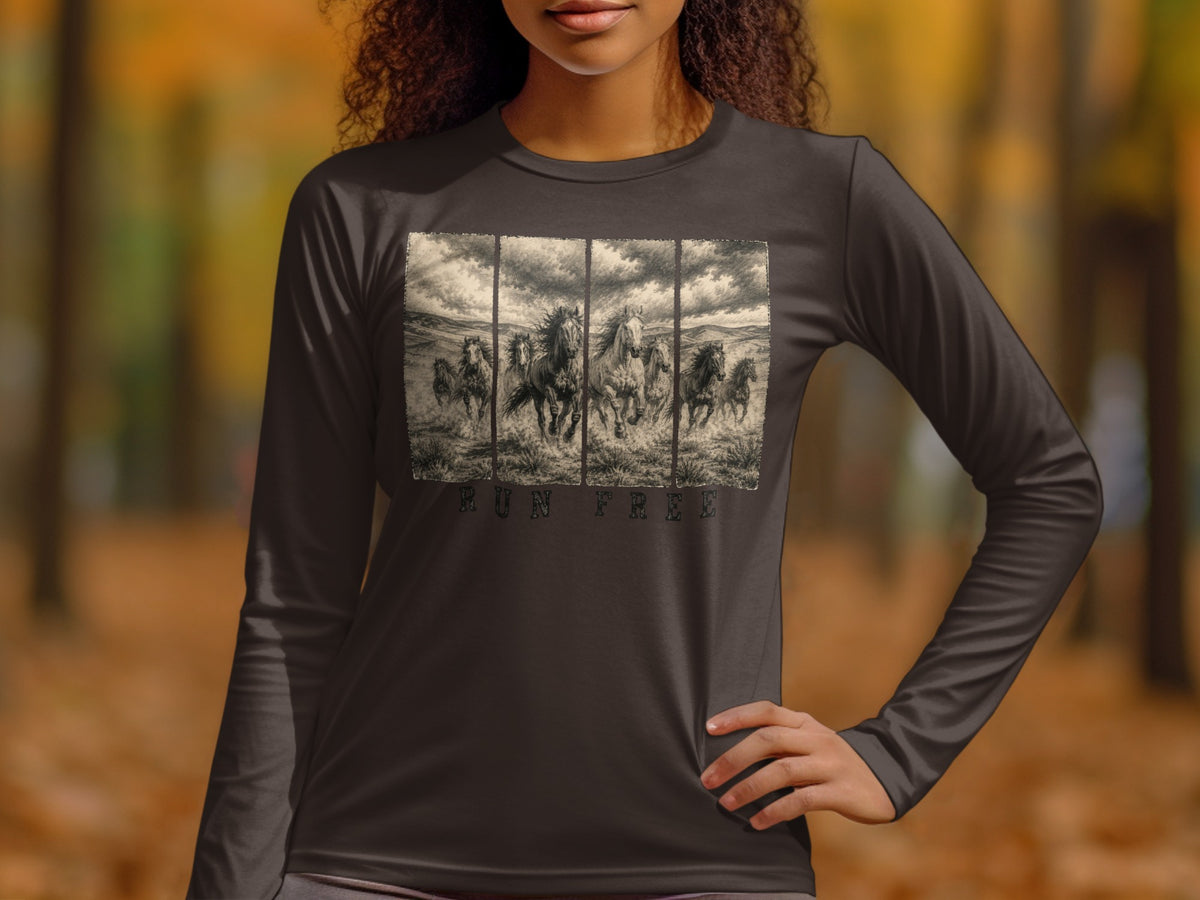 Long sleeve shirt with a sepia toned illustration of running horses and text "RUN FREE".
