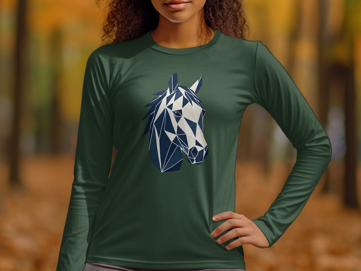 Green long-sleeved shirt featuring a geometric abstract horse head design.